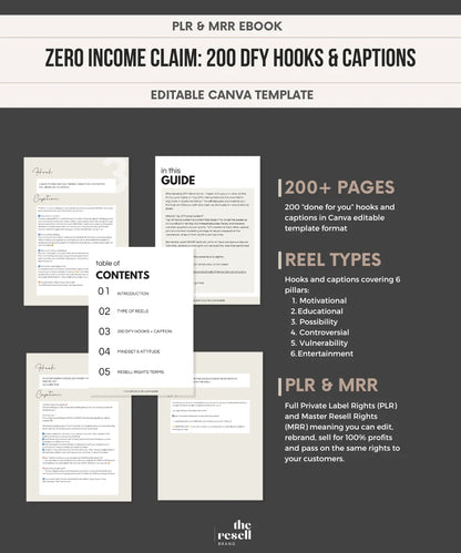 Zero Income Claim: 200 DFY Reels Hooks & Captions | Instagram Digital Marketing | MRR & PLR| Canva Editable