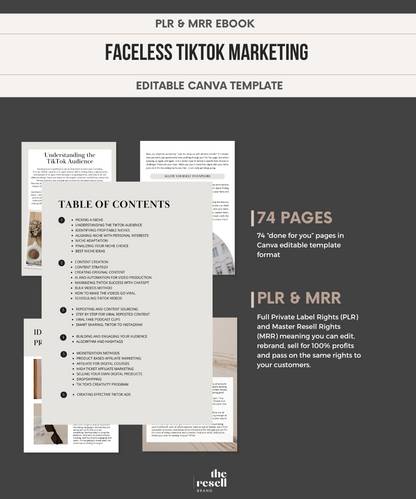 Faceless TikTok Marketing | 74 Pages Digital Marketing eBook| Master Resell Rights (MRR)| PLR | Canva Editable eBook