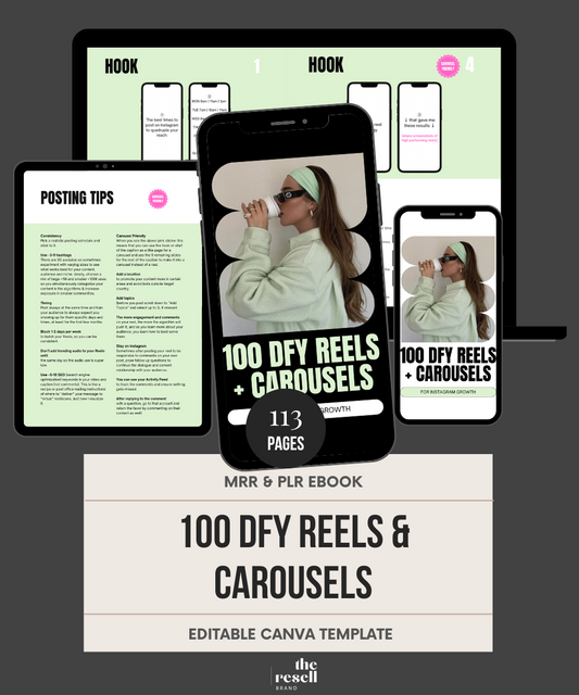 100 DFY Reels & Carousels | Instagram Digital Marketing | MRR & PLR | Canva Editable