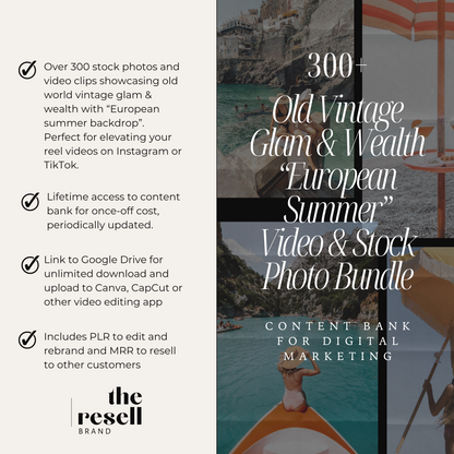 300+ Old World Vintage Glam, Wealth and Luxury European Summer Instagram/TikTok Reel Videos Content Bank | MRR & PLR