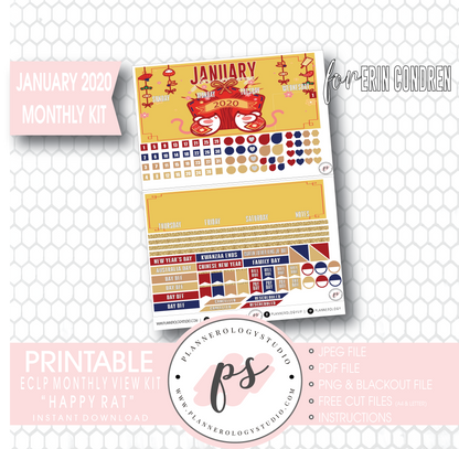 Happy Rat (Chinese/Lunar New Year) January 2020 Monthly View Kit Digital Printable Planner Stickers (for use with Erin Condren) - Plannerologystudio