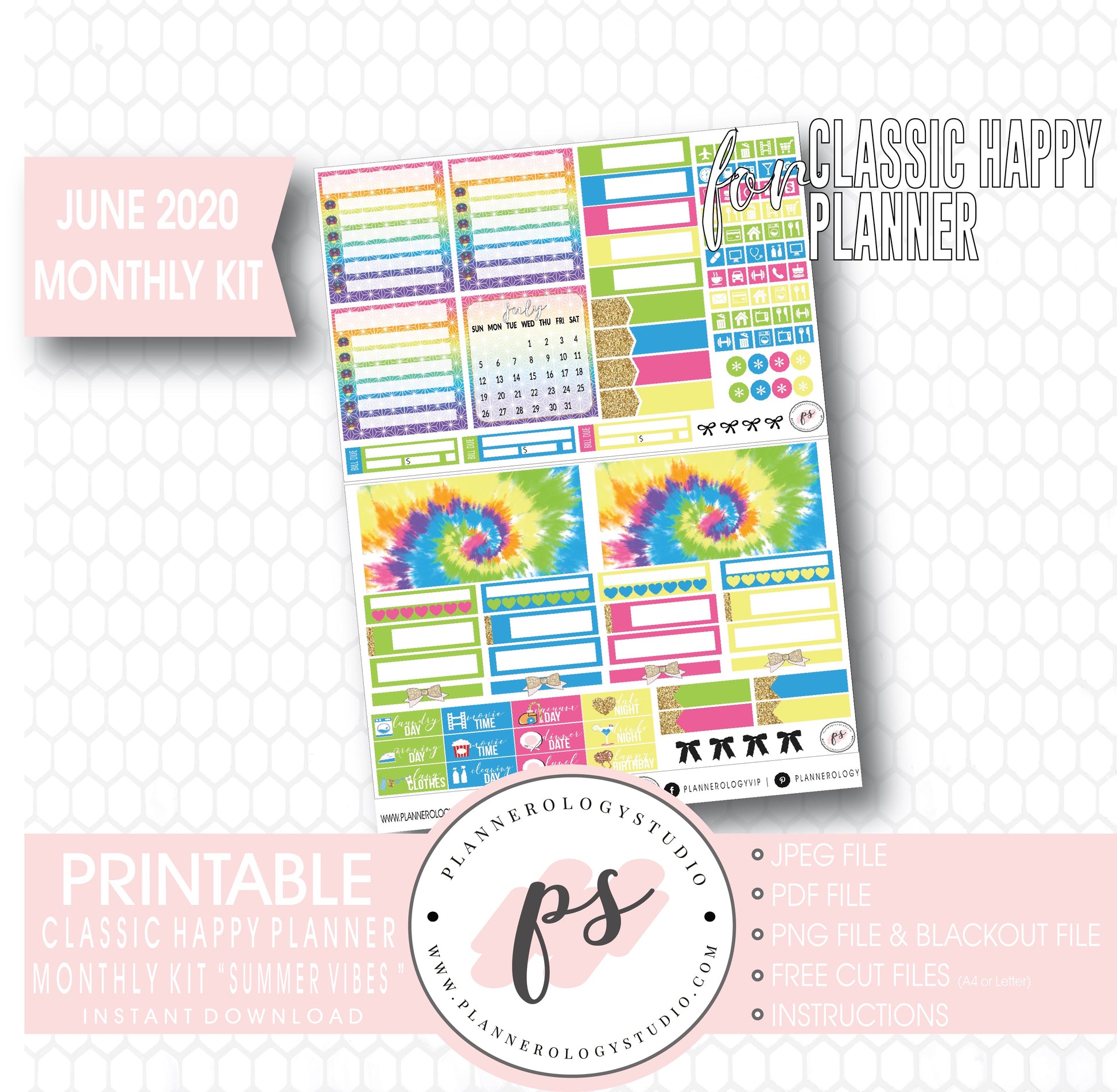 Summer Vibes June 2020 Monthly View Kit Digital Printable Planner Stickers (for use with Classic Happy Planner) - Plannerologystudio