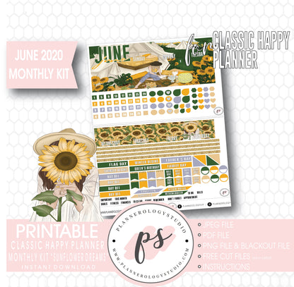 Sunflower Dreams June 2020 Monthly View Kit Digital Printable Planner Stickers (for use with Classic Happy Planner) - Plannerologystudio