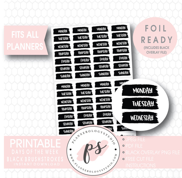 Days of the Week Brushstroke Digital Printable Planner Stickers (Foil ...