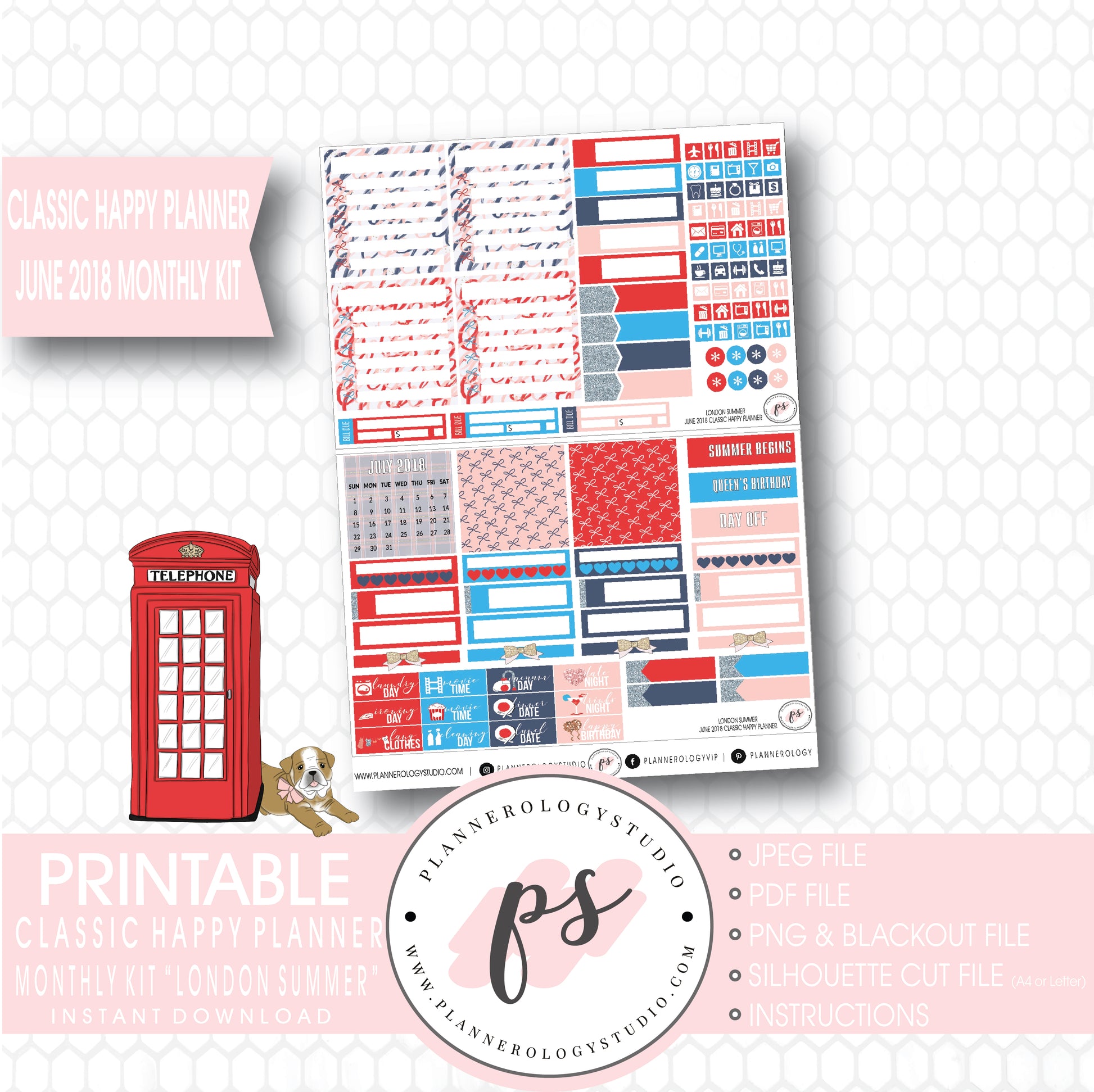 London Summer June 2018 Monthly View Kit Digital Printable Planner Stickers (for use with Classic Happy Planner) - Plannerologystudio