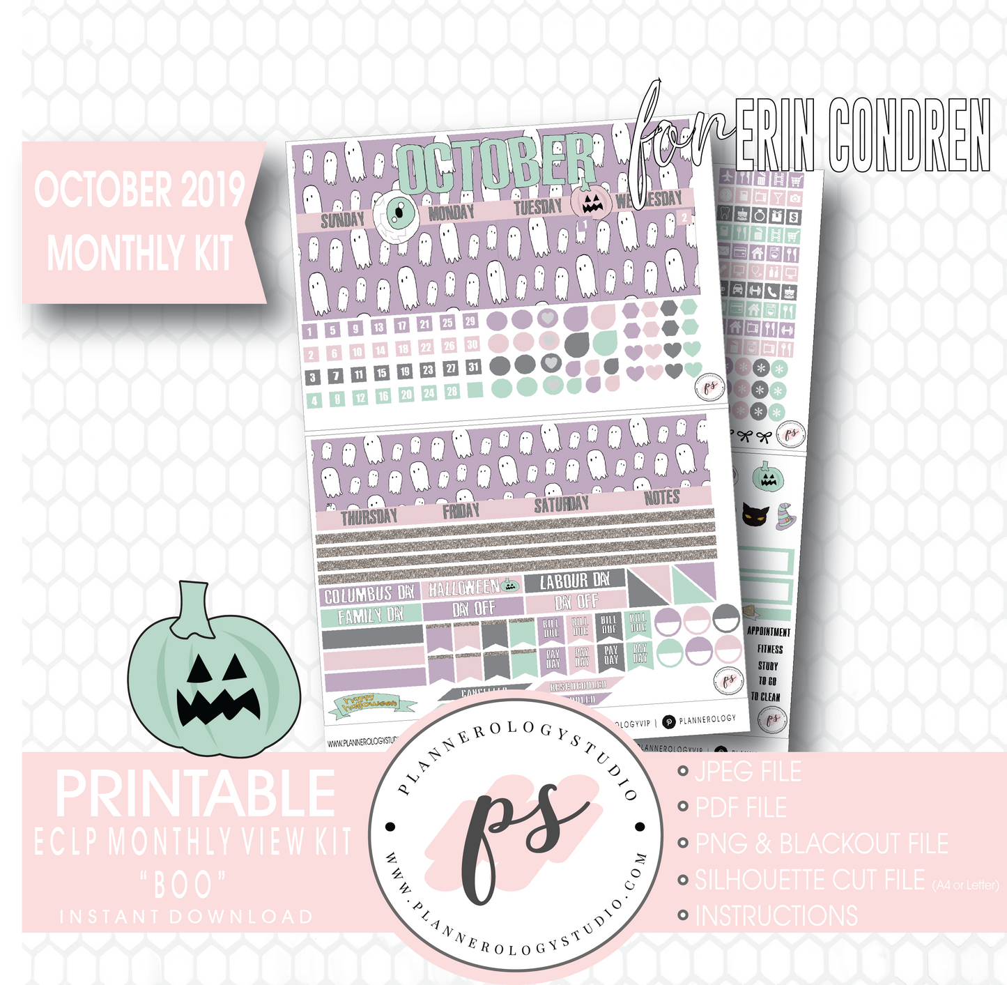 Boo October 2019 Halloween Monthly View Kit Printable Planner Stickers (for use with Erin Condren) - Plannerologystudio